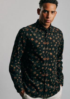 Black Ben Sherman Retro Floral Print Corduroy Shirts | MC6425731