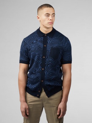 Navy Ben Sherman B by Ben Sherman Swirl Jacquard Button Through Polo Knitwear | GZ2516370