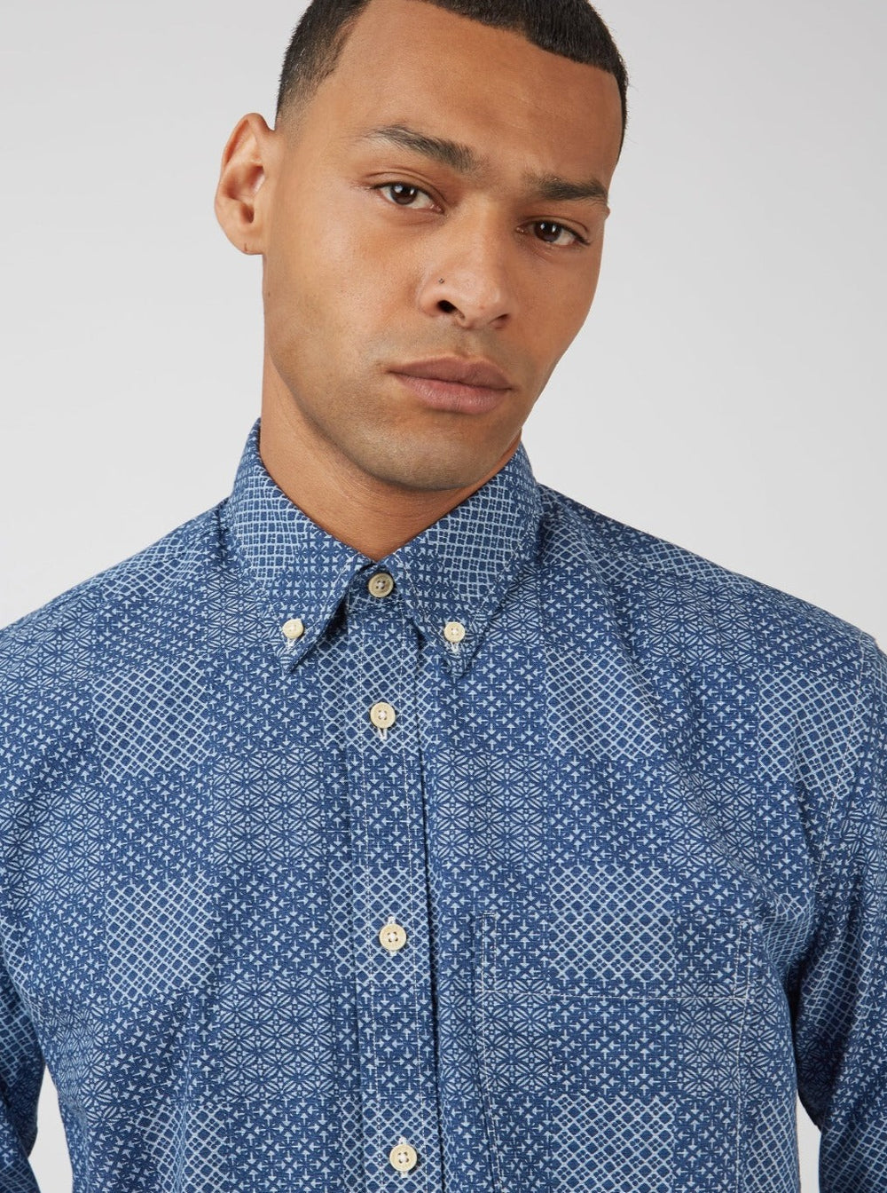 Blue Ben Sherman Chambray Patchwork Geo Print Long-Sleeve Shirts | OF1256973