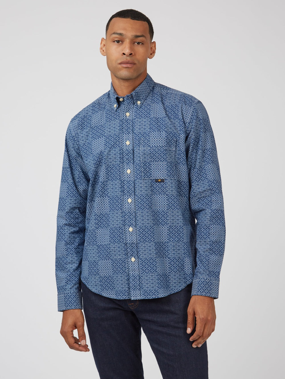 Blue Ben Sherman Chambray Patchwork Geo Print Long-Sleeve Shirts | OF1256973