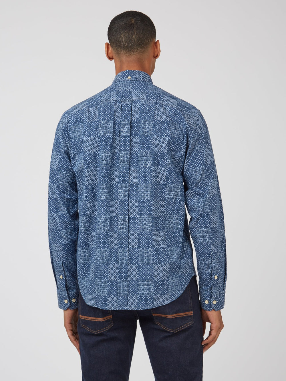 Blue Ben Sherman Chambray Patchwork Geo Print Long-Sleeve Shirts | OF1256973