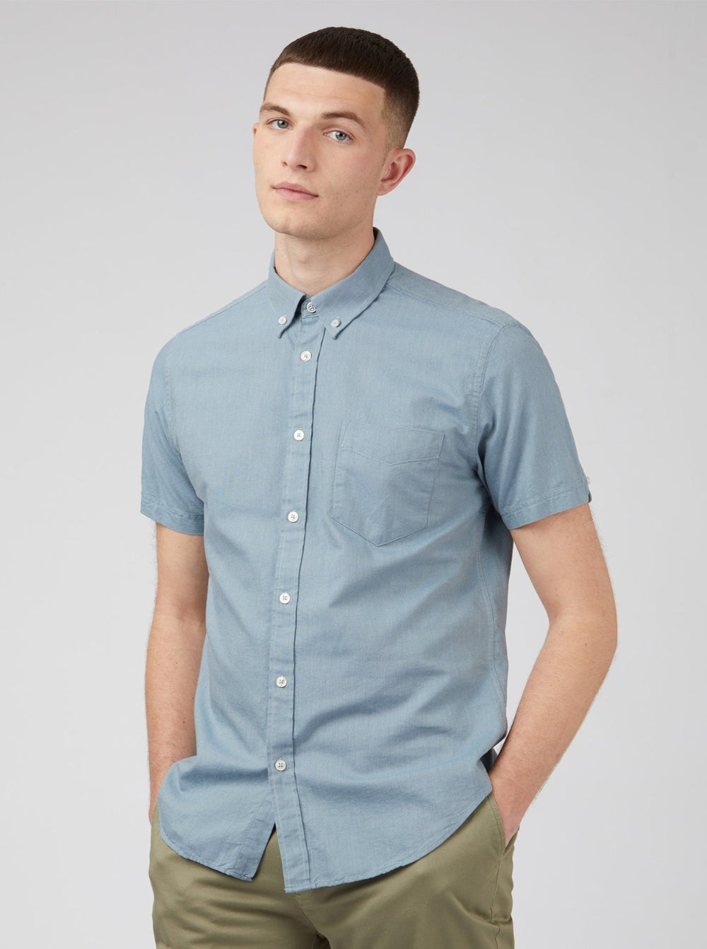 Blue Grey Ben Sherman Signature Organic Short-Sleeve Oxford Shadow Shirts | YU0385271