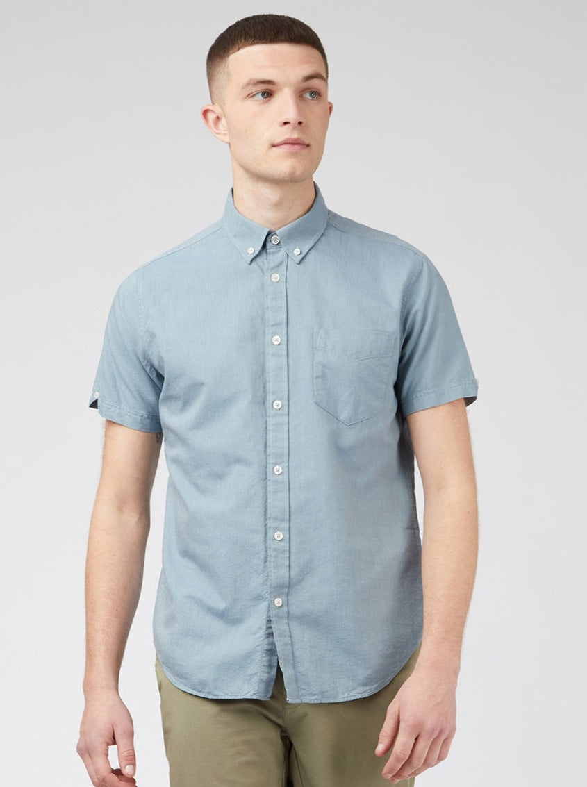 Blue Grey Ben Sherman Signature Organic Short-Sleeve Oxford Shadow Shirts | YU0385271