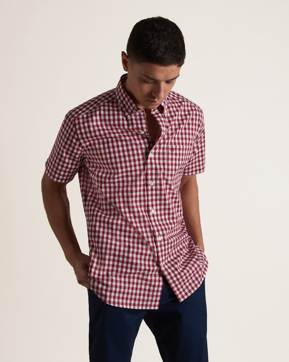 Burgundy Ben Sherman Short Sleeve House Poplin Gingham Shirts | JB8304792