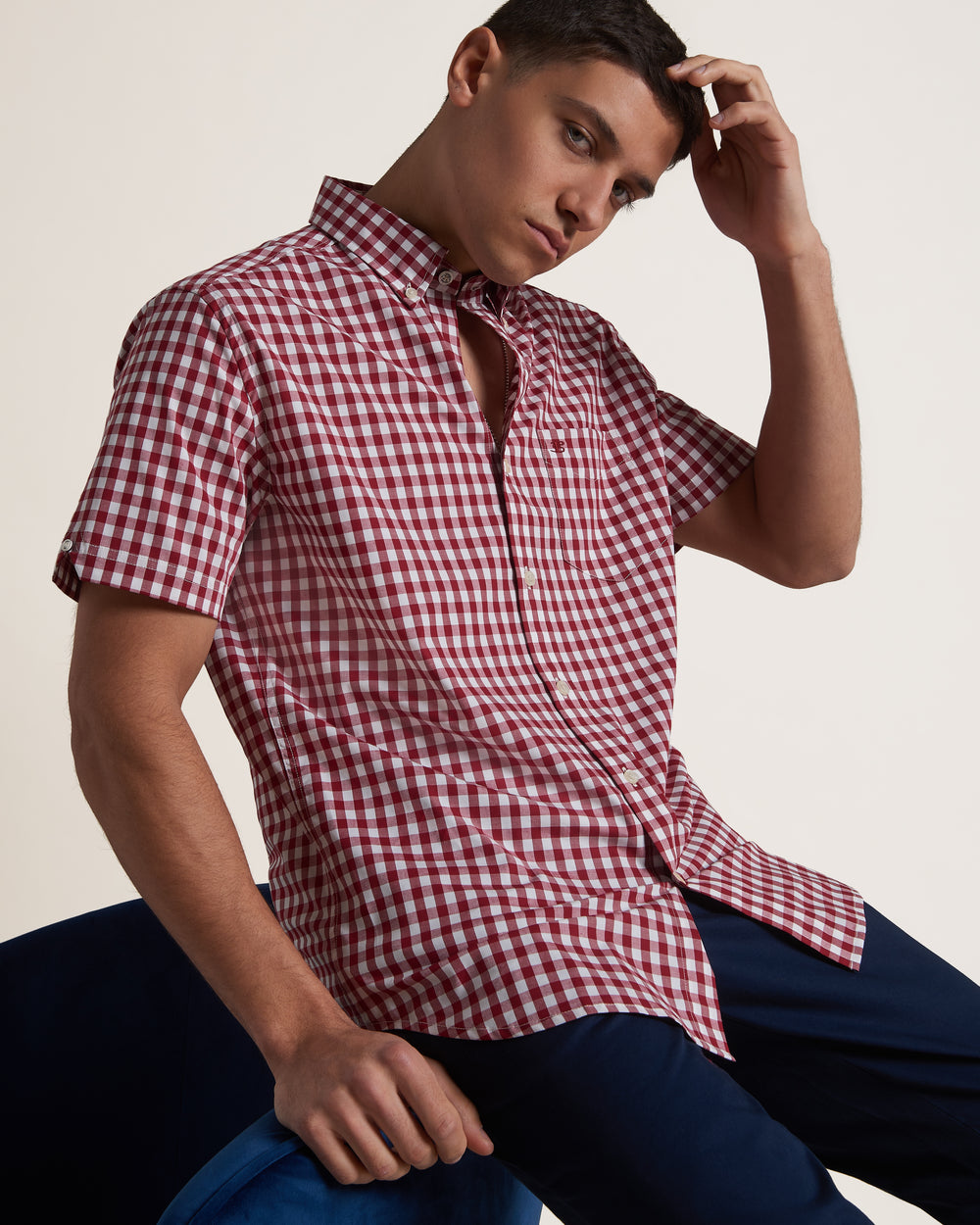 Burgundy Ben Sherman Short Sleeve House Poplin Gingham Shirts | JB8304792