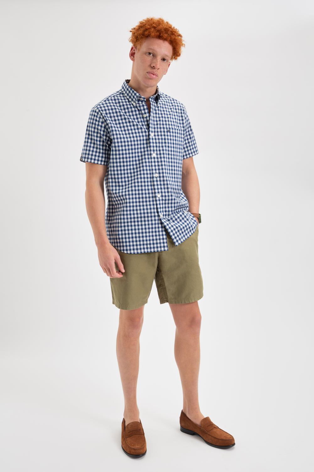 Navy / Olive Ben Sherman Short Sleeve House Poplin Gingham Shirts | SQ3795461